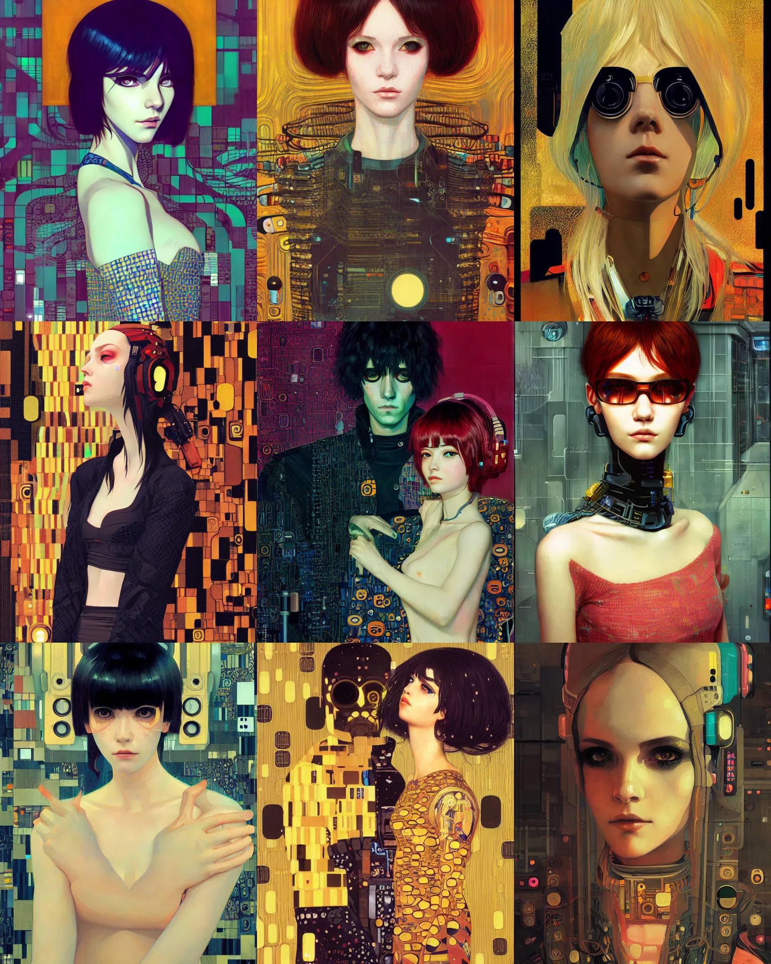 Prompt: A cyberpunk portrait painted by Ilya Kuvshinov and Gustav Klimt