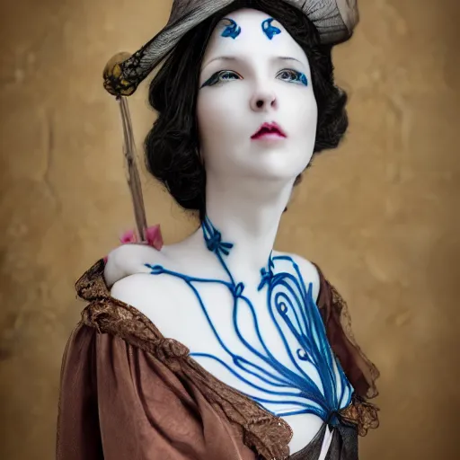 Image similar to beautiful porcelain witch woman with artnouveau garment and ornaments portrait sharp focus 8 k