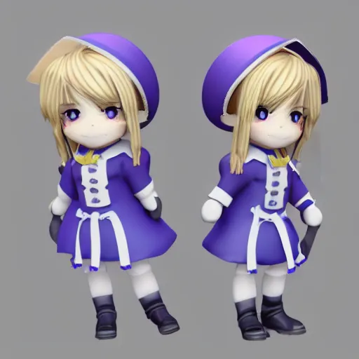 Prompt: 3d render of violet evergarden as a cute chibi figurine, blonde, blue eyes, blue-white dress, blender, artstation