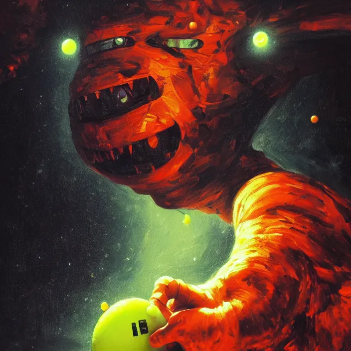 Prompt: cinematic portrait of a tennis ball monster in the abyss of space, oil on canvas, masterpiece, trending on artstation, featured on pixiv, cinematic composition, dramatic pose, beautiful lighting, sharp details, hyper-detailed, HD, HDR, 4K, 8K, art by Basil Gogos