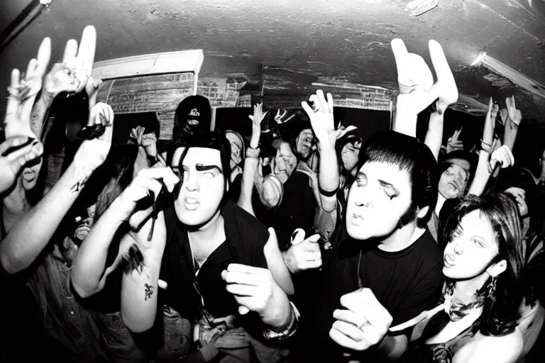 Prompt: elvis presley grindcore show, basement, fisheye lens, san diego 2002