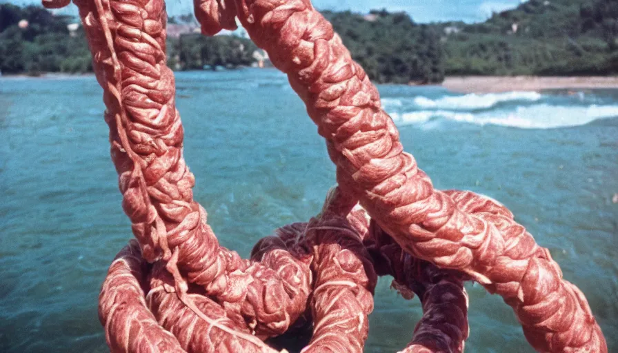 Image similar to 1 9 7 0 s movie still of a man in a barque in a intestine, cinestill 8 0 0 t