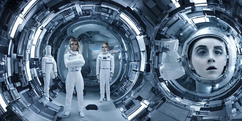 Prompt: astrounaut emma watson in the forground, in the background one thousand aligned cryogenic pods, spaceship interior, symmetrical, sci-fi, cryogenic pods, many cryogenic pods, interior, 4k, wide shot, ridley scott in the style of Michael Pangrazio, Dylan Cole, David Luong, Milan Schere, Max Dennison, Jaime Jasso.