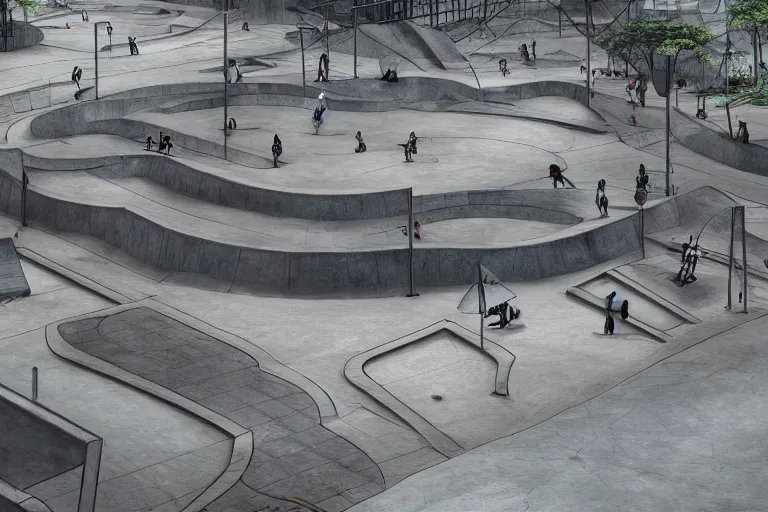 Image similar to dystopian skatepark, digital art, highly detailed, sharp, 4 k