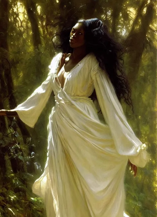 Image similar to a beautiful young black woman with long flowing hair in a flowing white gown in the forest, highly detailed painting by gaston bussiere, craig mullins, j. c. leyendecker 8 k