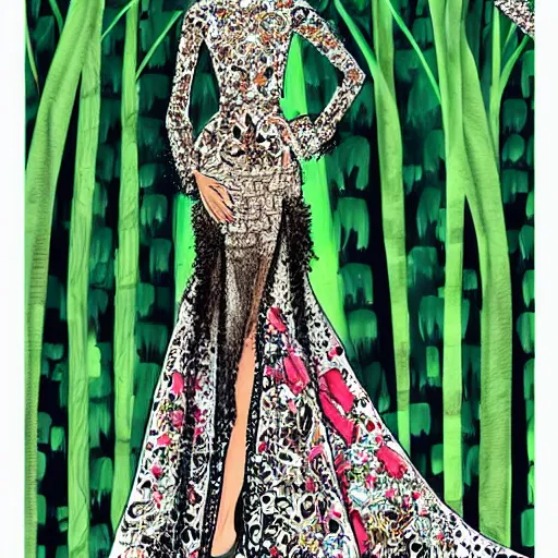 Image similar to zuhair murad dress fashion illustration by eko nugroho, jungle background, fine detail