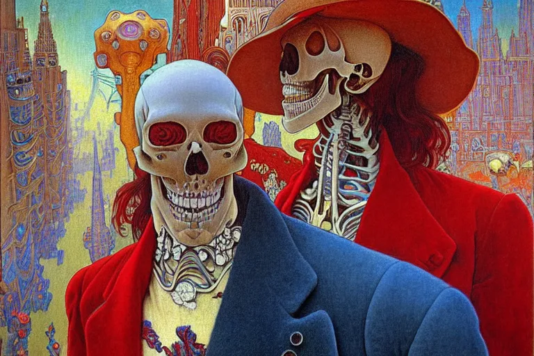 Image similar to realistic detailed closeup portrait painting of a single skeleton wearing red velvet blazer in a crowded futuristic moscow street by Jean Delville, Amano, Yves Tanguy, Alphonse Mucha, Ernst Haeckel, Edward Robert Hughes, Roger Dean, rich moody colours, blue eyes