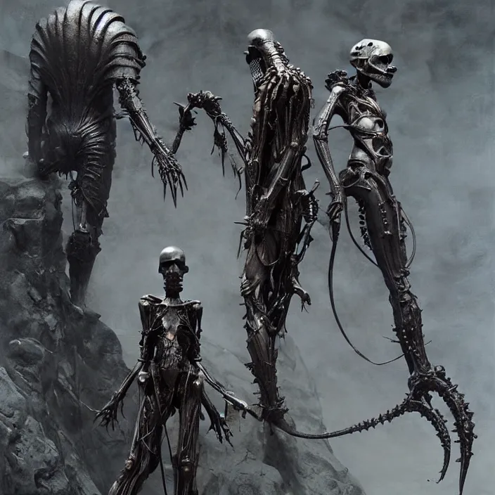 Image similar to still frame from Prometheus by Jakub Rozalski, Ossiarch Bonereaper by Wayne Barlowe by peter Mohrbacher by Giger, dressed by Alexander McQueen and by Neri Oxman, metal couture hate couture editorial