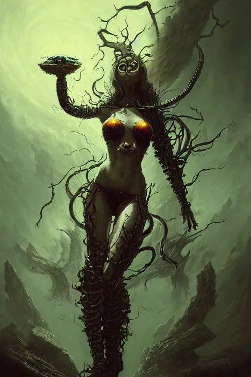 Image similar to Beautiful Eldritch Goddess of Nuclear Explosions, digital art, fantasy, magic, trending on artstation, illustration by Seb McKinnon and Peter Mohrbacher, ultra detailed, atmospheric, Radioactive Bikini Armor