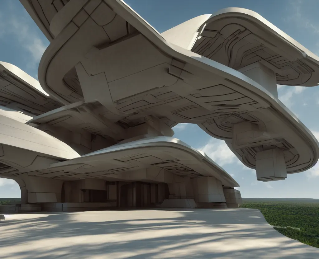 Image similar to futuristic sci-fi articulate rural architectural masterpiece by frank Lloyd wright and Zaha hadid, detailed, octane render, photo realism, 3D, ray tracing, photo realism