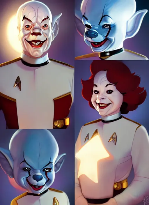 Image similar to cute star trek officer pennywise, natural lighting, path traced, highly detailed, high quality, digital painting, by don bluth and ross tran and studio ghibli and alphonse mucha, artgerm