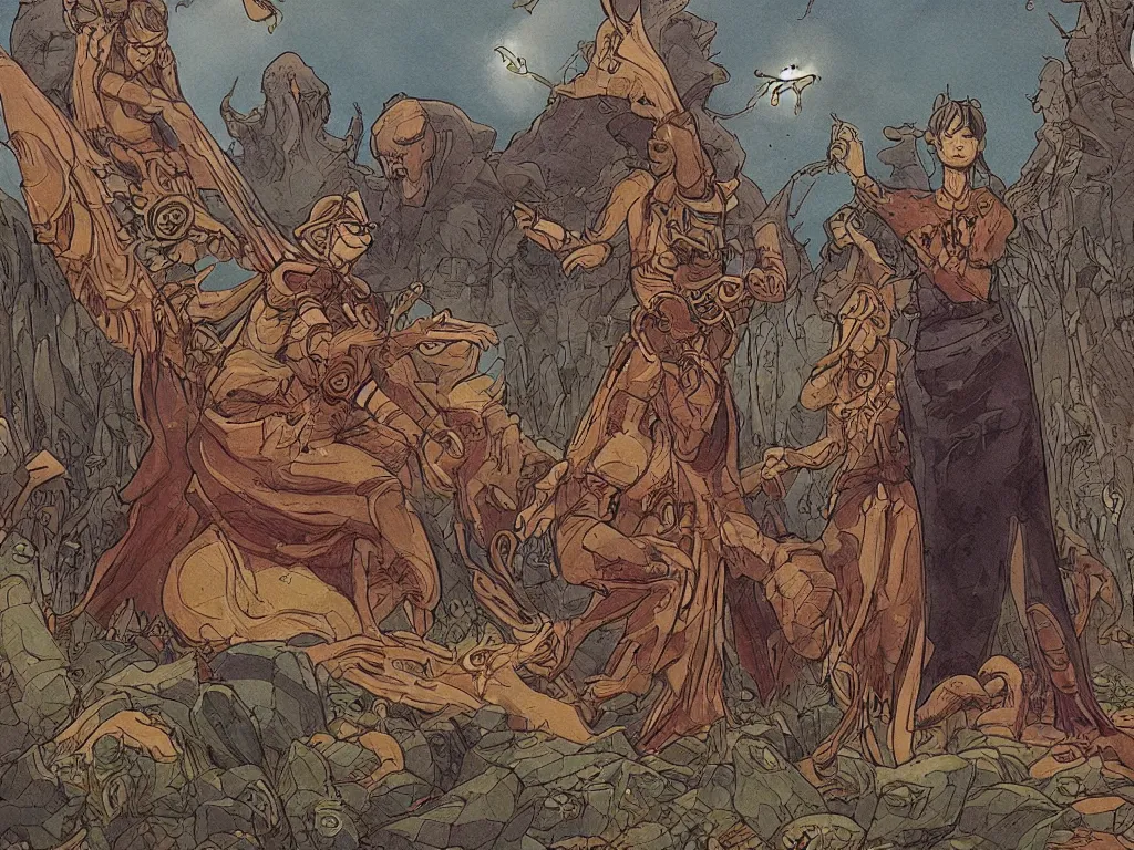 Prompt: fantasy illustration made by moebius with a 8 eyed humanoid god dealing cards over a medieval field