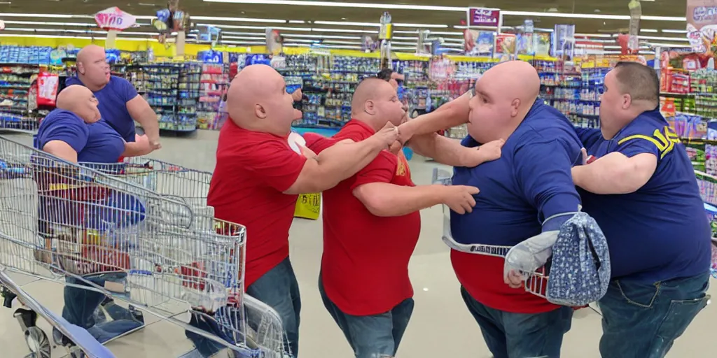 Image similar to three obese american coneheads fighting at wal - mart, detailed facial features