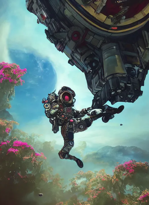 Prompt: An epic fantastic realism comic book style painting of the most beautiful flowers launched into space, fisheye lens, Apex Legends Concept Art, unreal 5, DAZ, hyperrealistic, octane render, cosplay, RPG portrait, dynamic lighting