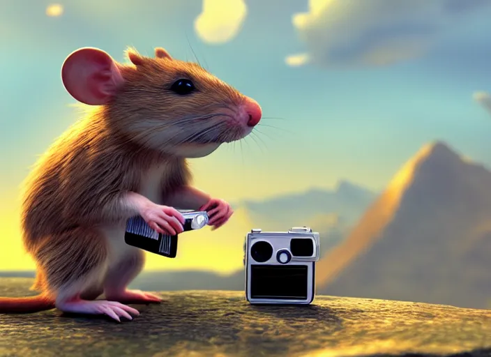 Prompt: a beautiful 3 d render of a cute anthropomorphic pet rat holding a film camera, epic composition, rendered in arnold, by thomas kinkade, raphael lacoste, makoto shinkai, expansive view, rule of thirds golden ratio clean, light effect, 8 k, maya renderer, unreal engine