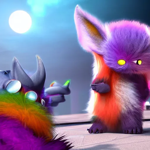 Prompt: cute colorful fuzzy alien monsters with long flowing detailed fur, detailed high quality 3 d render unreal engine in the style of maurice sendak, 4 k