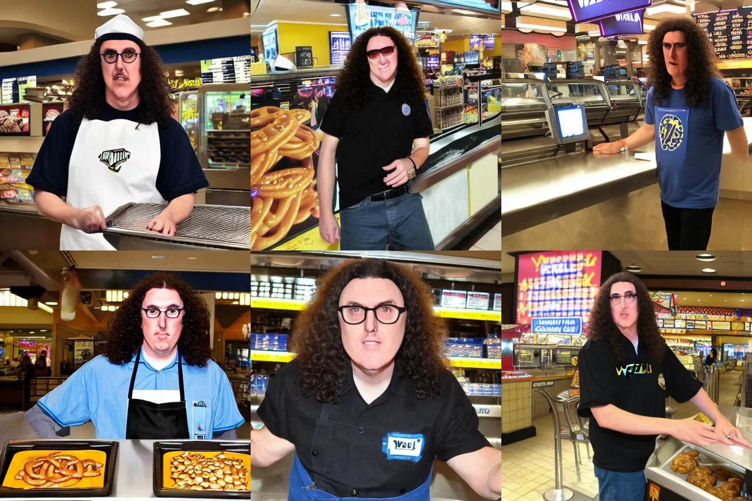 Prompt: Weird Al Yankovic working at 'wetzel's pretzels' in the mall food court