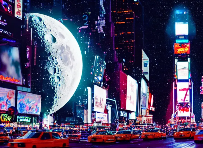 Image similar to film still of the moon shattering into pieces exploding moon over time square in the new disaster, 8 k, night time