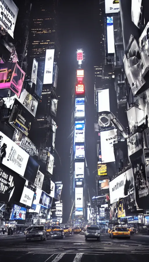 Image similar to 8k high resolution photograph of cyber punk New York Times Square on a foggy night, futuristic, wires hanging across the street, flying cars, neon signs,