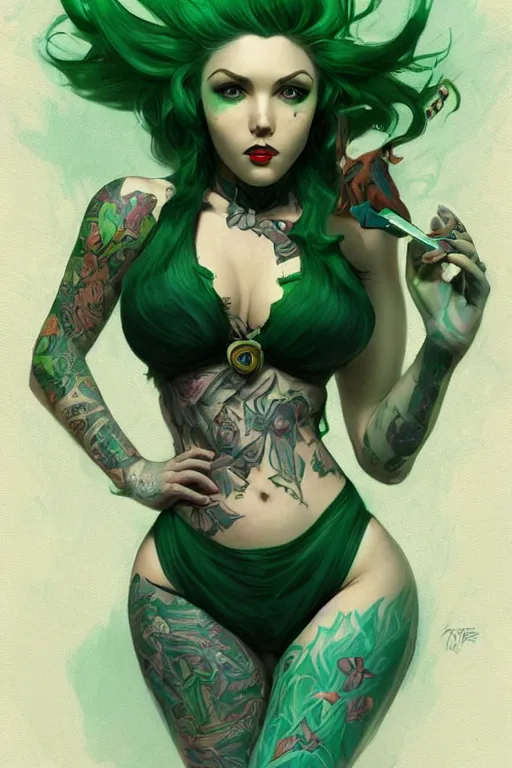 Image similar to green hair tattooed pinup hannah murray, rogue bard, dnd, deep focus, turnaround, fantasy, intricate, elegant, highly detailed, digital painting, artstation, concept art, matte, sharp focus, illustration, hearthstone, art by artgerm and greg rutkowski and alphonse mucha.