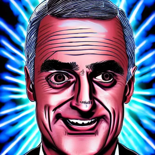 Prompt: digital illustration of secretary of denis mcdonough face, cover art of graphic novel, eyes replaced by glowing lights, glowing eyes, flashing eyes, balls of light for eyes, evil laugh, menacing, villain, clean lines, clean ink