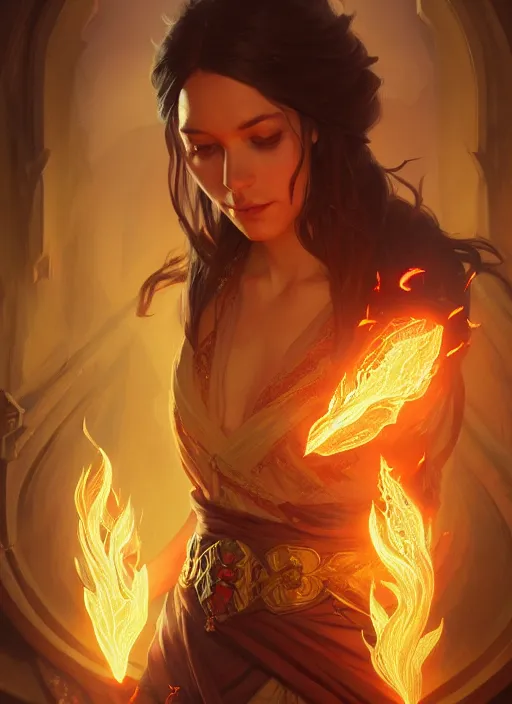 Image similar to fire wizard, deep focus, d & d, fantasy, intricate, elegant, highly detailed, digital painting, artstation, concept art, matte, sharp focus, illustration, hearthstone, art by artgerm and greg rutkowski and alphonse mucha