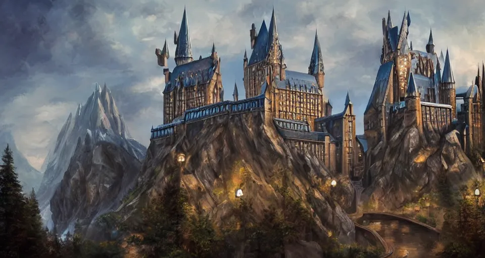 Prompt: a super detailed beautiful painting of hogwarts by shaddy safadi, 8 k, blue hue, warm lighting, cyberpunk trending on artstation