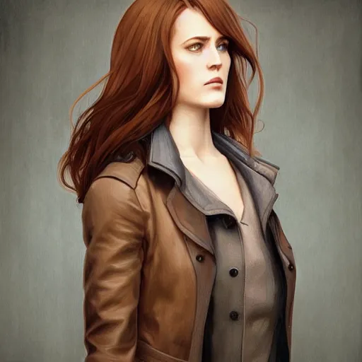 Prompt: full figure ultra realistic illustration, evan rachel wood with brown hair and bangs, wearing a brown trench coat, intricate, elegant, highly detailed, digital painting, artstation, concept art, smooth, sharp focus, illustration, art by artgerm and greg rutkowski and alphonse mucha