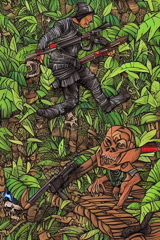 Image similar to a ninja sneaking around in the jungle surrounded by skeletons with ak - 4 7 artwork by eko nugroho