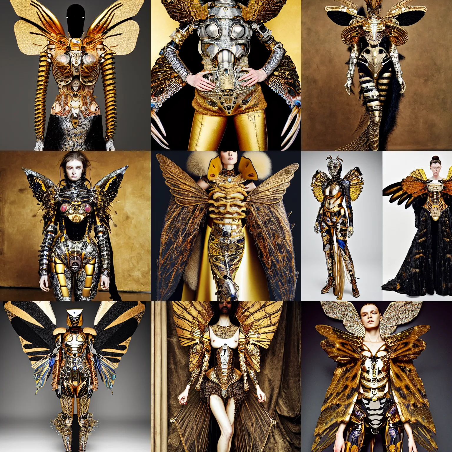 Prompt: haute couture scale armour sf paladin editorial by klimt, biomechanical hornet with metal couture wings by malczewski, ornate chaos lord in gold, bismuth and obsidian by giger