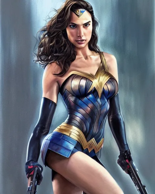 Image similar to hyper realistic painting of gal gadot in a police uniform, hyper detailed, anime, by clay mann, trending on artstation