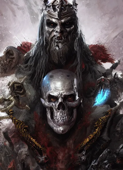 Image similar to An epic fantasy comic book style portrait painting of a supreme necromancer warlord with many undead and skeleton warriors around him, painted by craig mullins, unreal 5, DAZ, hyperrealistic, octane render, cosplay, RPG portrait, dynamic lighting