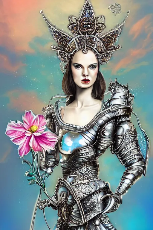 Image similar to pearlescent retrofuturistic digital airbrush illustration of a knight wearing an ornate chrome headpiece and holding a flower with a landscape and sky in the background by luigi patrignani