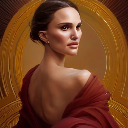 Image similar to Portrait of Natalie Portman, intricate, elegant, highly detailed, digital painting, artstation, concept art, smooth, sharp focus, illustration, art by artgerm and greg rutkowski and alphonse mucha