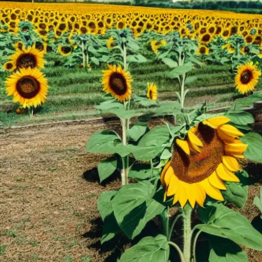 Prompt: A photograph of a sunflower with sunglasses on in the middle of the flower in a field on a bright sunny day