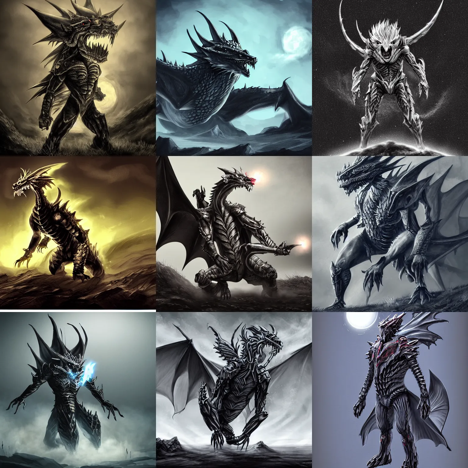 Prompt: roaring humanoid dragon with glowing eyes and mouth standing in a crater on the plains of scotland, glowing eyes, charcoal and silver color scheme, full body single character, moonlit night, good value control, high contrast, biomechanical, illustration, concept art, kamen rider suit