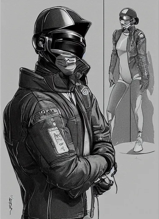 Prompt: cyberpunk traffic cop in reflective gear. dystopian. portrait by mœbius and will eisner and gil elvgren and pixar. realistic proportions. cyberpunk 2 0 7 7, apex, blade runner 2 0 4 9 concept art. cel shading. attractive face. thick lines.