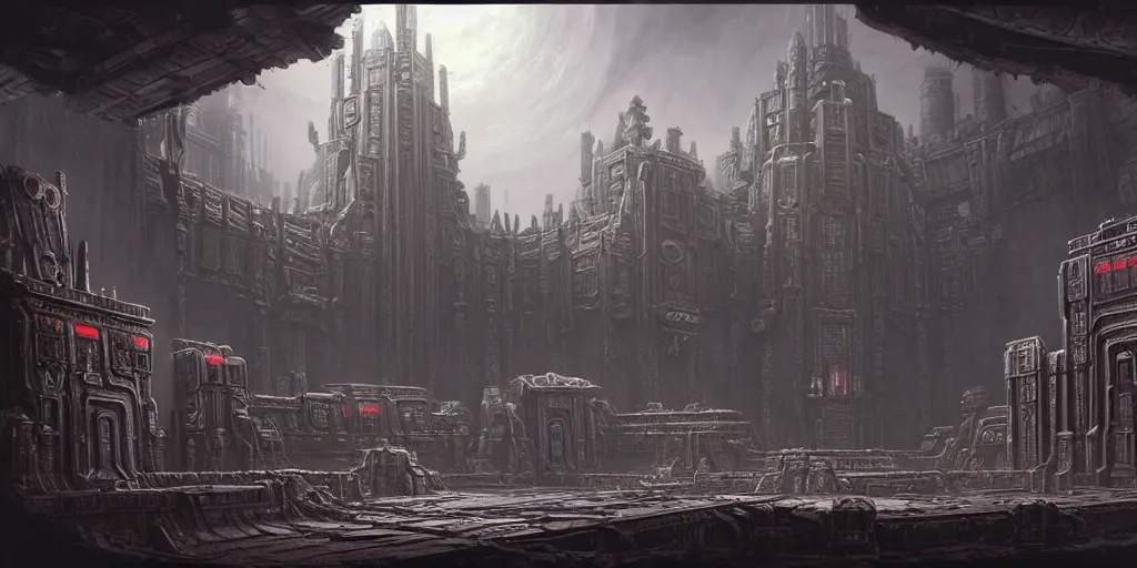 Prompt: a beautiful highly detailed matte painting of a huge ancient alien futuristic brutalist temple, Space Hulk, WarHammer 40k by Jose Daniel Cabrera Pena and Leonid Kozienko, concept art-H 640