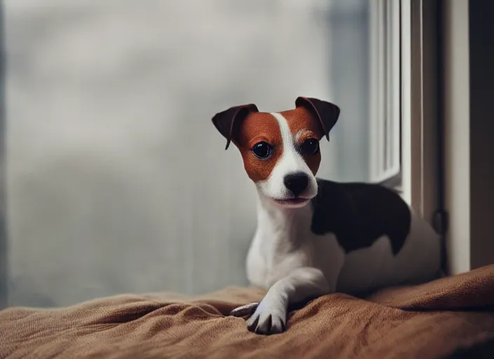 Prompt: photography of a jack russel. watching outside the window. on a bed. in a vintage room full of vinyls and posters, volumetric light, photorealistic, award winning photo, 1 0 0 mm, sharp, high res
