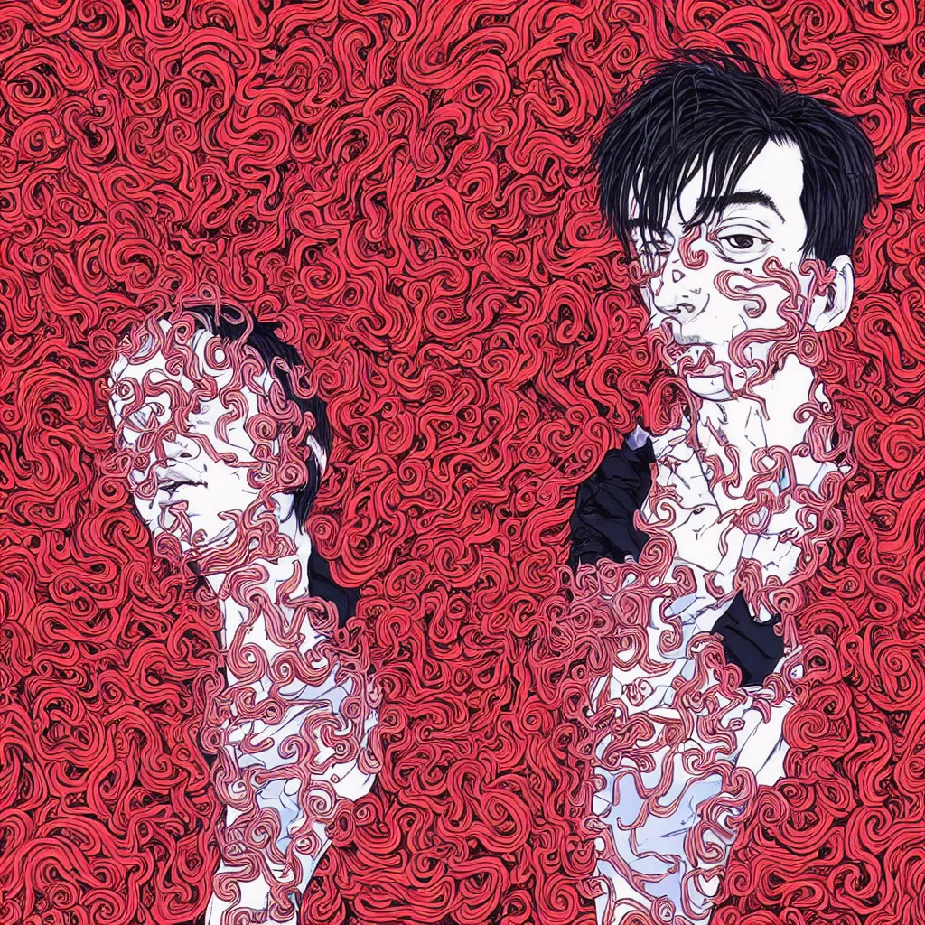 Prompt: Playboi Carti surrounded by red fog and spirals, art by guro manga artist Shintaro Kago