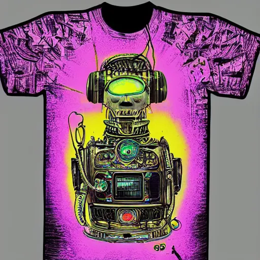 Image similar to mockup of a black tshirt with a hyperdetailed portrait of a steampunk robot by robert crumb, 8 k, symetrical, flourescent colors, happy trippy mood, multicolored,