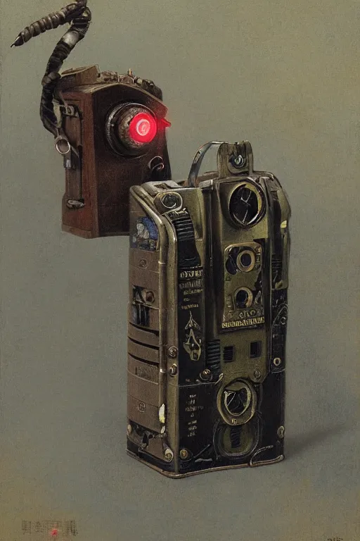 Prompt: dieselpunk military portable pocket walkie - talkie, radio device, product lighting, painted by ruan jia, raymond swanland, lawrence alma tadema, zdzislaw beksinski, norman rockwell, jack kirby, tom lovell, alex malveda, greg staples