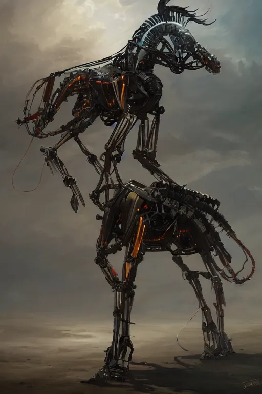 Image similar to 3 quarter view photography portrait of a biomechanical stalion horse illustrated by greg rutkowski and Akira Saito and Peter mohrbacher, boston dynamics, 4k,