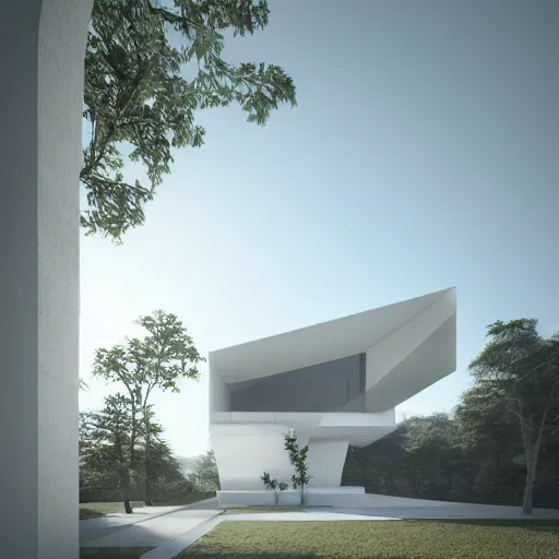 Image similar to minimalist architecture white with nature in back, cinematic lighting, 3 d, unreal engine