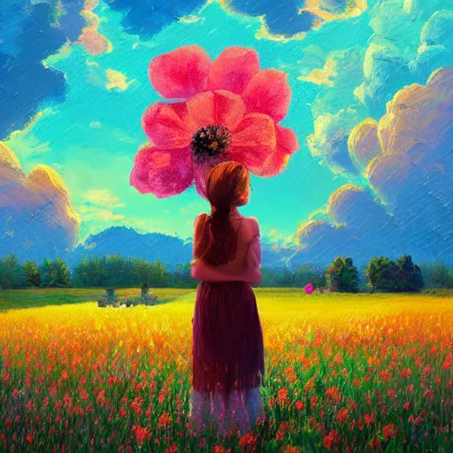 Image similar to girl with giant flower as a face and flower dress, standing in a flower field hills, big trees, sunrise dramatic light, impressionist painting, colorful clouds, digital painting, pointillism, artstation, simon stalenhag