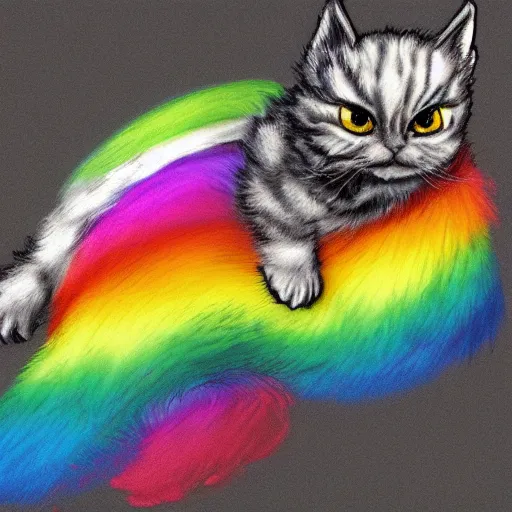 Image similar to wide angle full body, of a fluffy cute rainbow kitten wearing a black leather motorcycle jacket, concept art