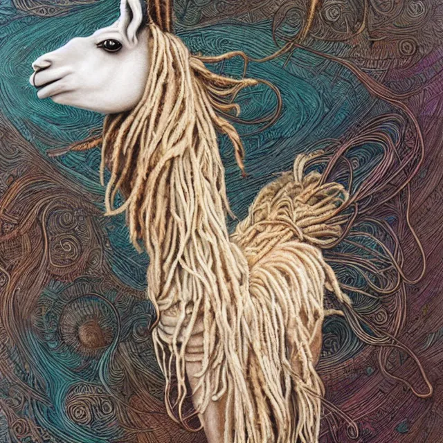 Image similar to llama with dreadlocks, by mandy jurgens, ernst haeckel, james jean. in the style of art deco