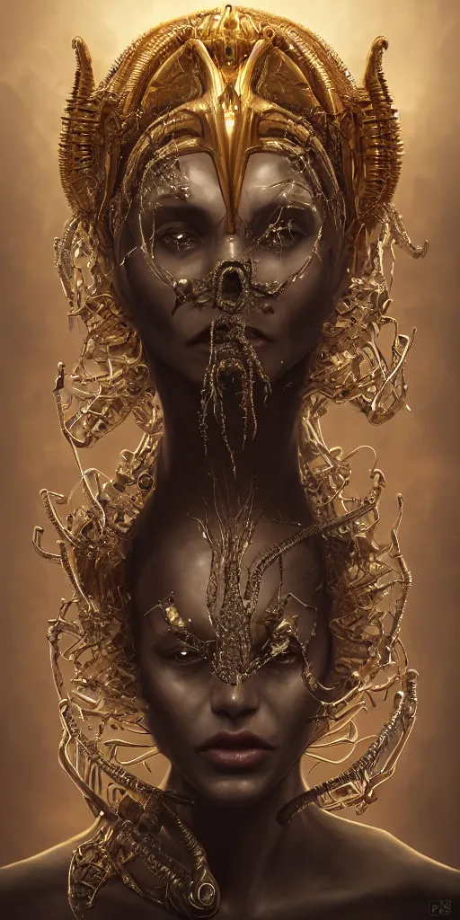 Image similar to realistic character concept, alien queen with lots of jewelry in the face, elegant pose, scifi, illustration, slender symmetrical face and body, artstation, cinematic lighting, hyperdetailed, cgsociety, 8 k, high resolution, charlie bowater, tom bagshaw, single face, insanely detailed and intricate, beautiful, elegant, golden ratio, dark fractal background, vfx, postprocessing