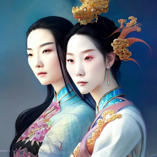 Prompt: ‘ a full portrait of two elegant Chinese princesses, kongfu fighting, D&D, blue eyes, fire hair, fantasy, intricate, elegant, highly detailed, digital painting, artstation, concept art, smooth, sharp focus, illustration, art by artgerm and greg rutkowski and alphonse mucha’