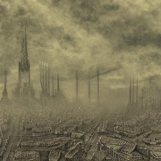 Image similar to dieselpunk city pollution river fog hanging wires cathedral in the style of gustave dore photograph color dreamlike hatching high detailed perspective wide angle